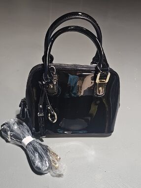 Simply Noelle Black Patent Faux Leather Dome Satchel Crossbody Paisley Lining